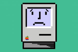Illustration of an old-school floppy Apple computer with a sad face on the screen